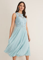 Light Blue Lace Bodice Midi Dress with Adjustable Belt Peppermint