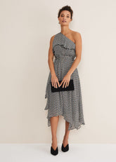 Kaz Checked One Shoulder Midi Dress Black/White
