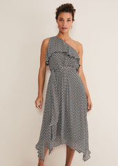 Kaz Checked One Shoulder Midi Dress Black/White