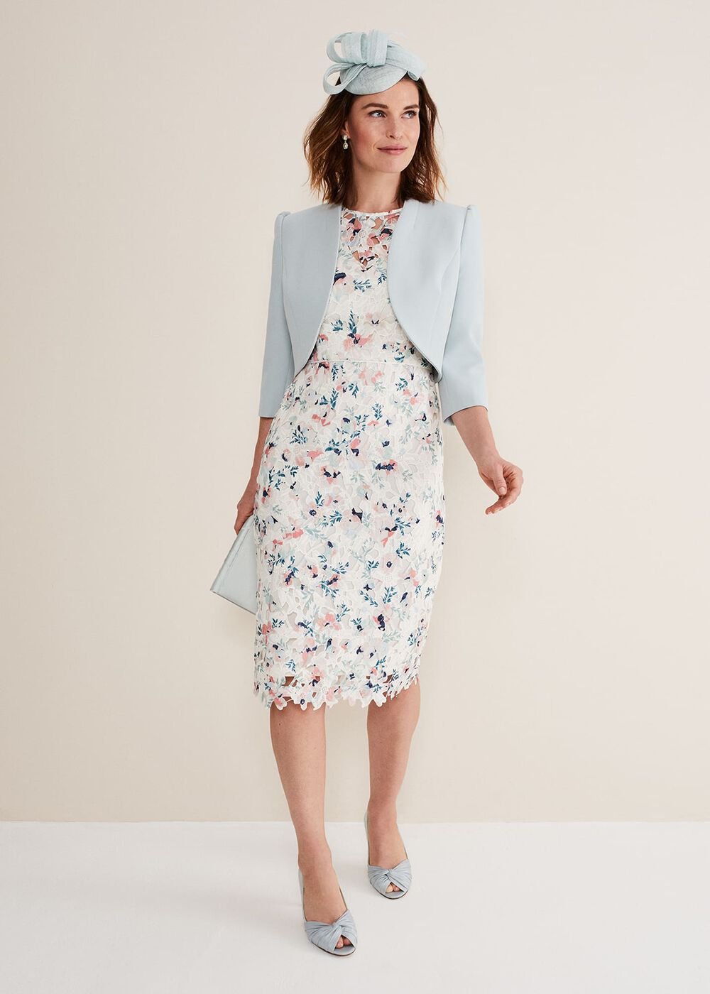 Ivory Floral Lace Dress with Pink & Navy Accents Ivory/Multi