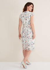 Ivory Floral Lace Dress with Pink & Navy Accents Ivory/Multi