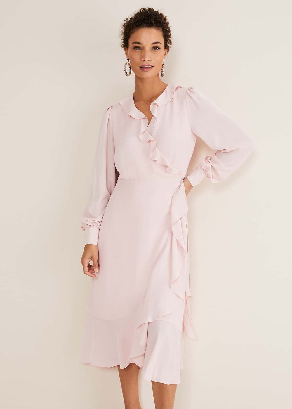 Chic Light Pink Ruffle Midi Dress with Tie Waist Soft Rose