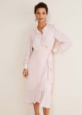 Chic Light Pink Ruffle Midi Dress with Tie Waist Soft Rose
