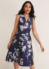 Petite Cassy Jaquard Floral Midi Dress Navy/Multi