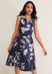Petite Cassy Jaquard Floral Midi Dress Navy/Multi