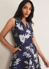 Petite Cassy Jaquard Floral Midi Dress Navy/Multi