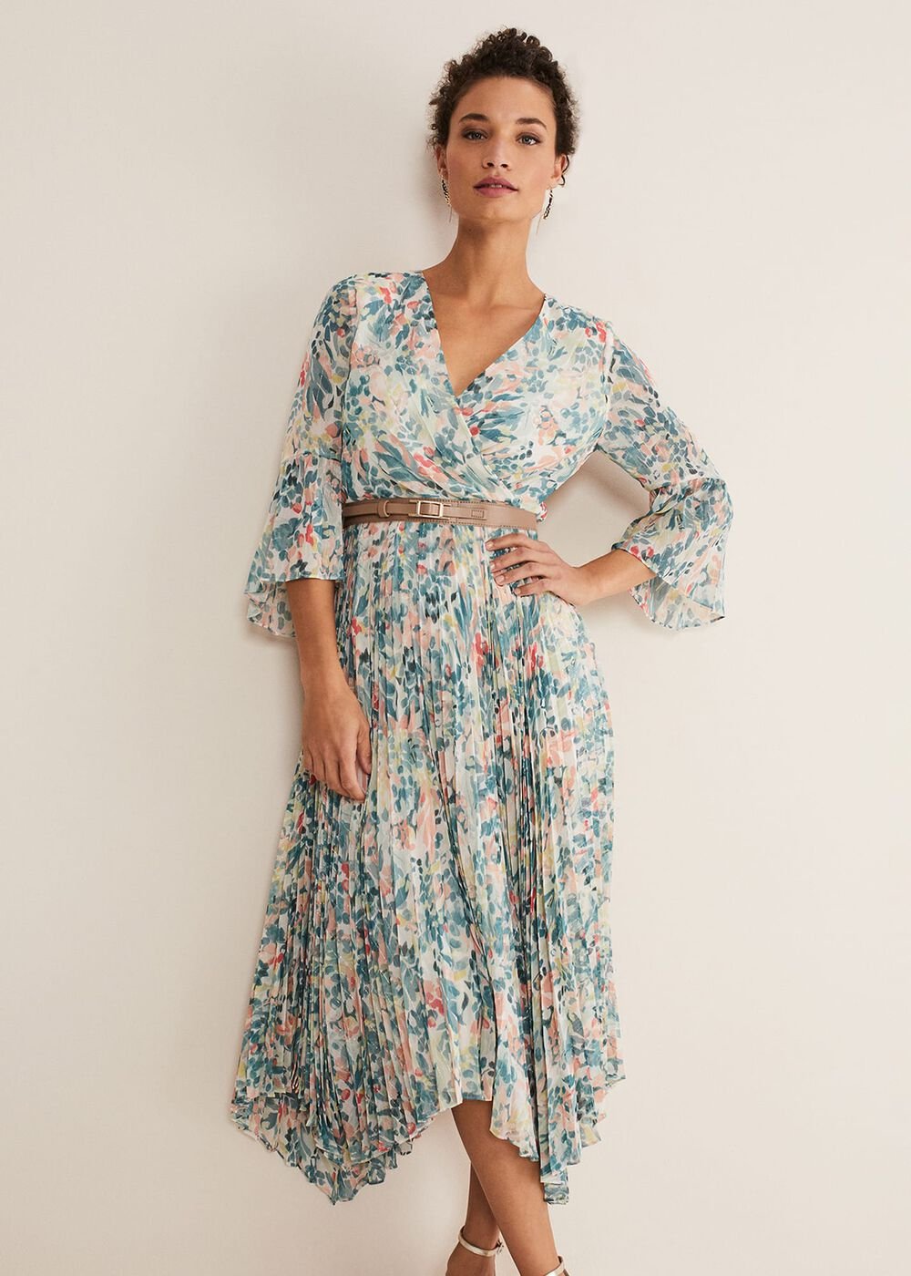 Floral Print Pleated Midi Wrap Dress with Belt Multi-Coloured