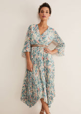 Floral Print Pleated Midi Wrap Dress with Belt Multi-Coloured