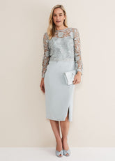 Light Blue Lace Overlay Pencil Dress Eau De Nil