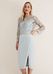 Light Blue Lace Overlay Pencil Dress Eau De Nil