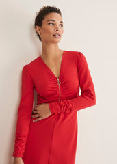 Irisa Zip Ruched Midi Dress Red