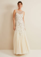 Milana Beaded Tulle Maxi Wedding Dress Parchment