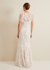 Delilah Mesh Embroidered Maxi Wedding Dress Parchment