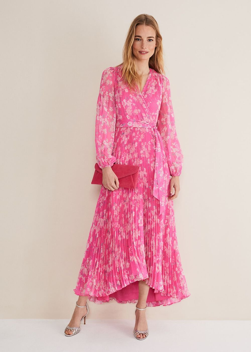 Neon Pink Floral Pleated Maxi Dress Neon Pink