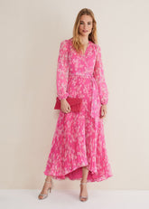 Neon Pink Floral Pleated Maxi Dress Neon Pink