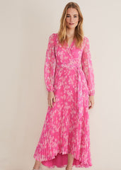 Neon Pink Floral Pleated Maxi Dress Neon Pink