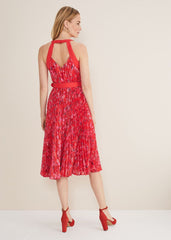 Zoya Pleat Midi Floral Dress Red/Pink