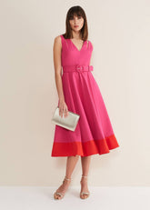 Raquel Belted Fit And Flare Dress Fuchsia/Red