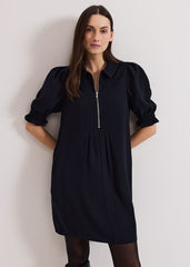 Navy Zip Mini Dress with Frill Sleeve Cuffs Navy