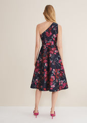 Tasha One Shoulder Jacquard Dress Navy/Multi