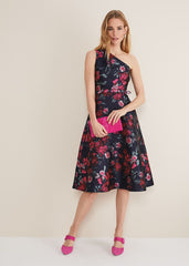 Tasha One Shoulder Jacquard Dress Navy/Multi