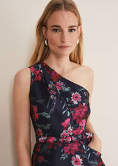 Tasha One Shoulder Jacquard Dress Navy/Multi