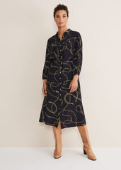 Tana Chain Print Shirt Midi Dress Navy
