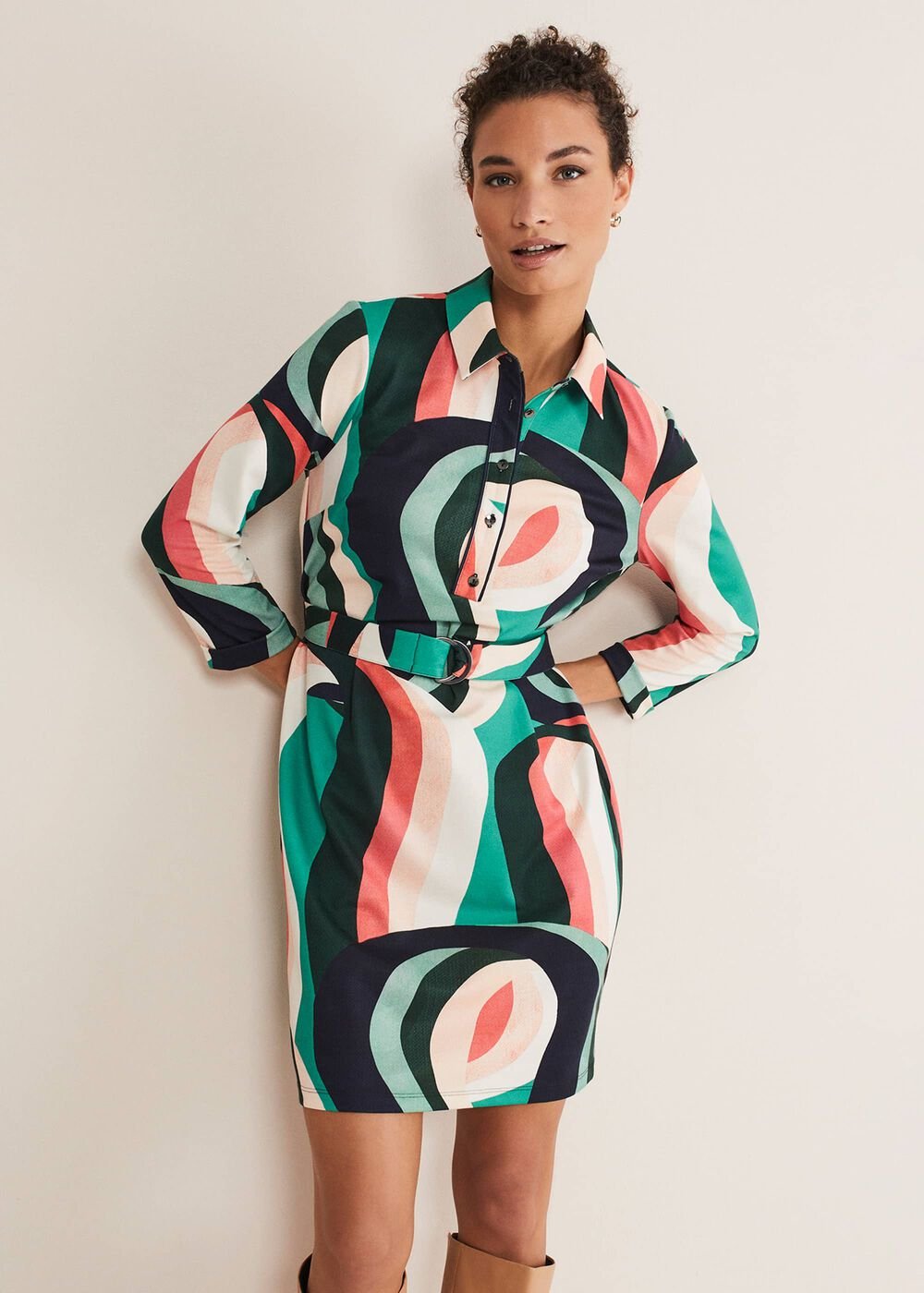 Beth Swirl Belted Shift Dress Green/Multi