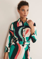 Beth Swirl Belted Shift Dress Green/Multi