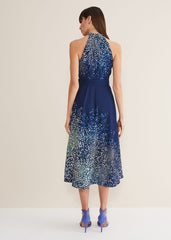 Navy Blue Halterneck Midi Dress with Splash Print French Navy / Multi