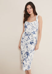Kaya Linen Floral Bodycon Midi Dress White/Blue