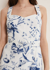 Kaya Linen Floral Bodycon Midi Dress White/Blue