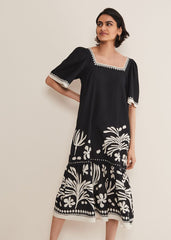 Claria Linen Midi Dress Black/Ivory