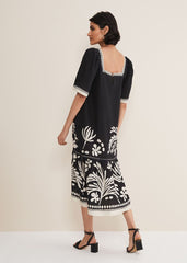 Claria Linen Midi Dress Black/Ivory