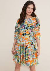 Azalia Paisley Linen Swing Dress Orange/Multi