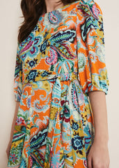 Azalia Paisley Linen Swing Dress Orange/Multi