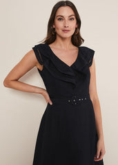 Julieta Frill Broderie Linen Midi Dress Black