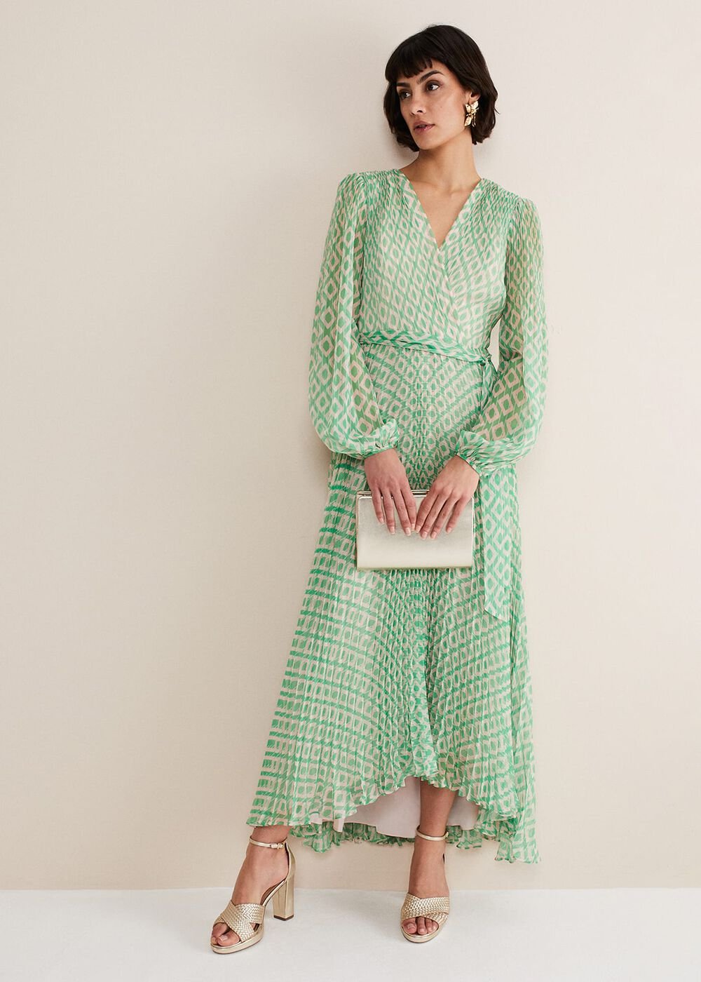 Roxanna Pleated Diamond Maxi Dress Powder Pink/Green
