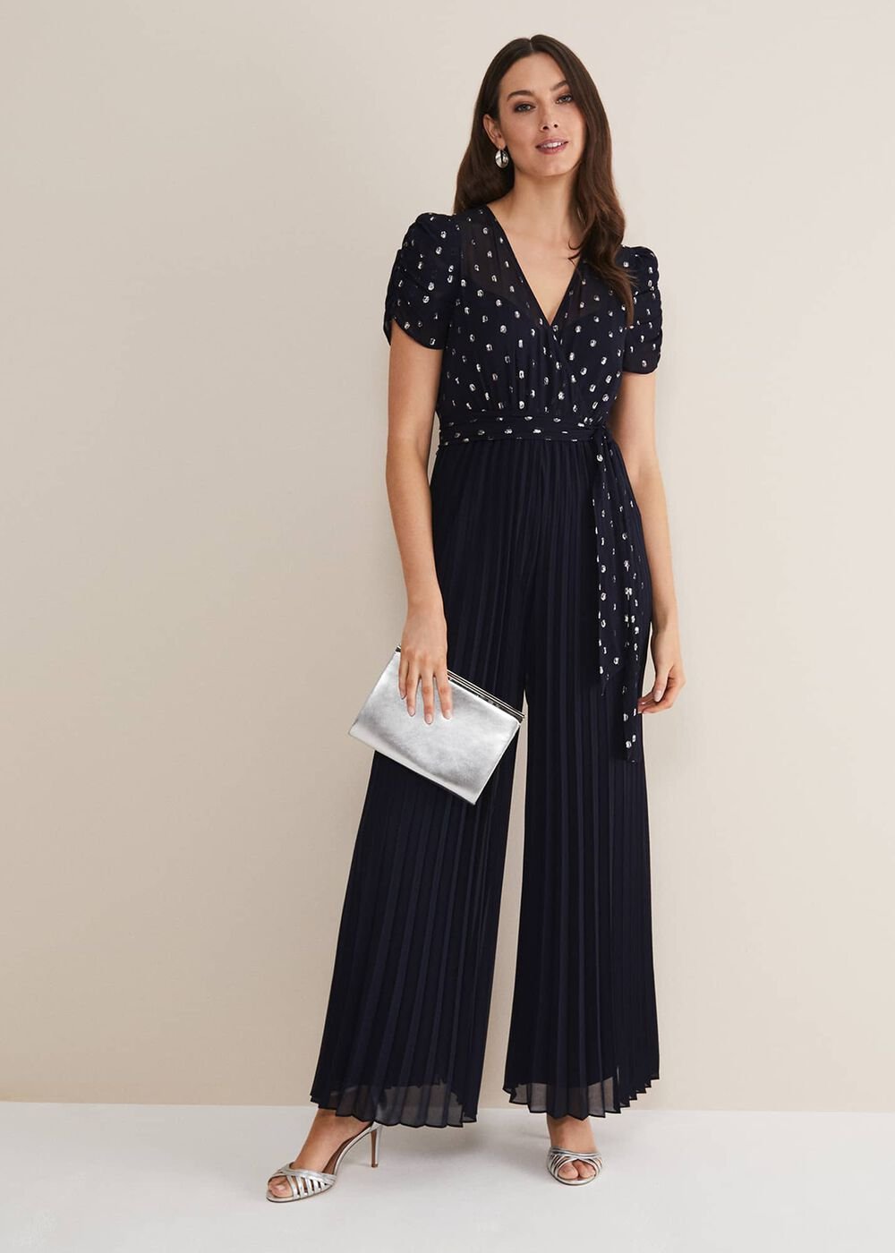 Molli Spot Pleated Jumpsuit Navy