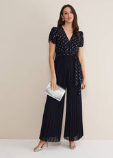 Molli Spot Pleated Jumpsuit Navy