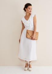 Julieta White Linen Ruffle Broderie Midi Dress White