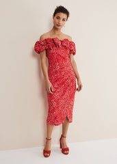 Senita Off Shoulder Ditsy Dress Red/Multi