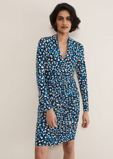 Juno Ruched V Neck Dotty Bodycon Dress Blue Multi