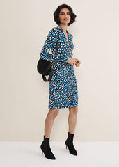 Juno Ruched V Neck Dotty Bodycon Dress Blue Multi