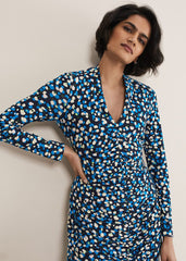 Juno Ruched V Neck Dotty Bodycon Dress Blue Multi