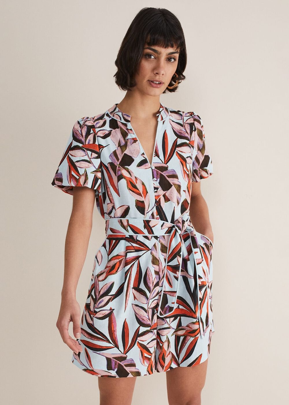 Vivian Linen Leaf Print Playsuit Aqua/Multi