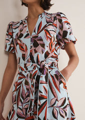 Vivian Linen Leaf Print Playsuit Aqua/Multi