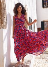 Athena Leaf Print Pleated Maxi Dress Vermillion/multi