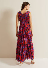 Athena Leaf Print Pleated Maxi Dress Vermillion/multi
