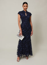 Navy Bodycon Maxi Dress with Embroidered Floral Pattern Navy
